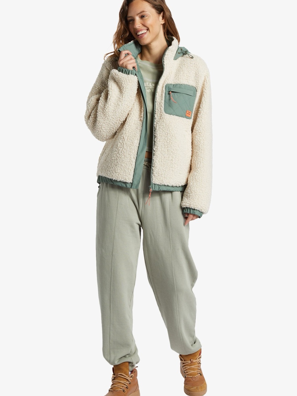 Billabong Northern Shore Hooded Zip Jacket, Ivory Sherpa Jacket with Green Trim